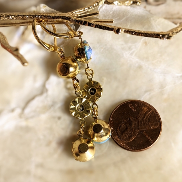 Turquoise Blue And Flower Swarovski Crystal In Drop Down Earrings - Picture 5 of 5